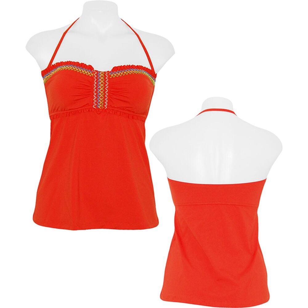 Lucky Brand Tankini Top Womens Medium Orange Embroidered Ruffle Bandeau